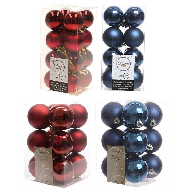 Foto van Kerstversiering kunststof kerstballen mix donkerblauw/donkerrood 4 en 6 cm pakket van 80x stuks - kerstbal