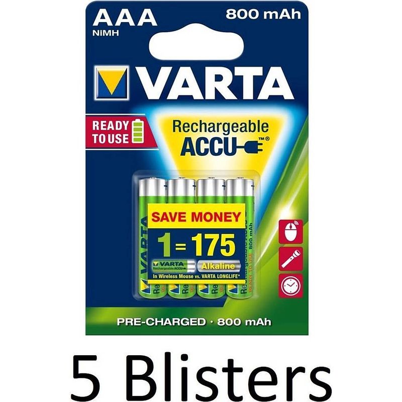 Foto van 20 stuks (5 blisters a 4 st) varta aaa oplaadbare batterijen - 800mah