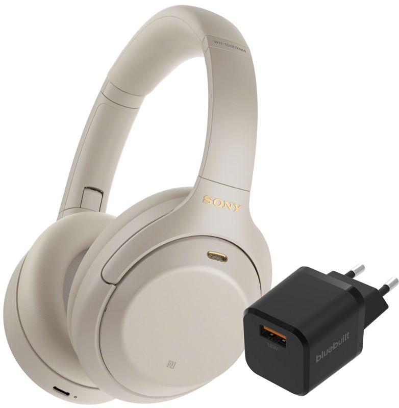 Foto van Sony wh-1000xm4 zilver + bluebuilt quick charge oplader met usb a poort 18w zwart