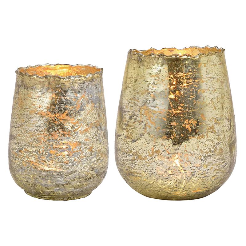 Foto van Set van 2x windlicht/kaarsenhouder - glas - champagne goud - 2 formaten - waxinelichtjeshouders