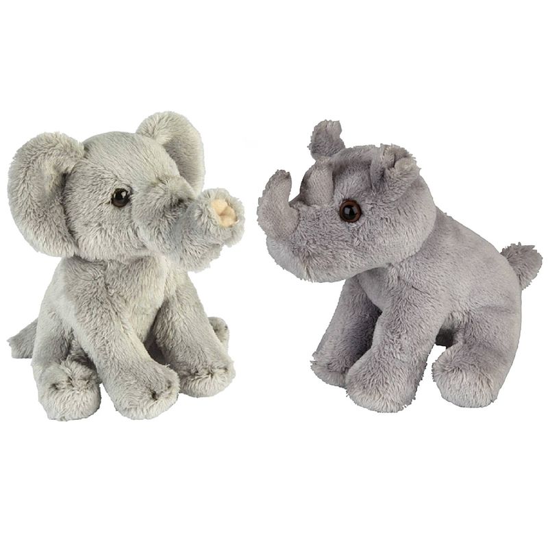 Foto van Safari dieren serie pluche knuffels 2x stuks - olifant en neushoorn van 15 cm - knuffeldier