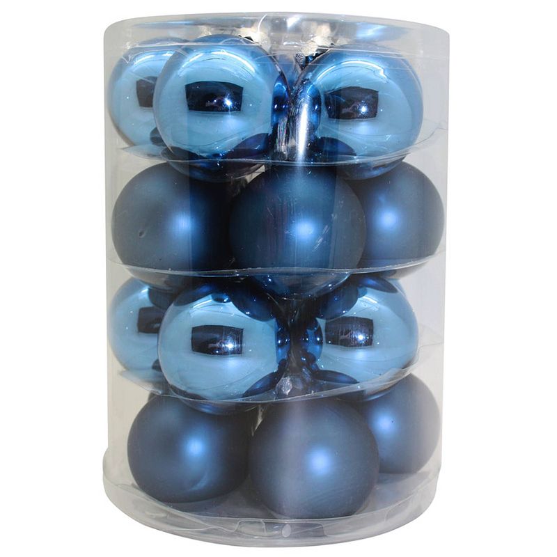 Foto van Tube met 20 blauwe kerstballen van glas 6 cm glans en mat - kerstbal