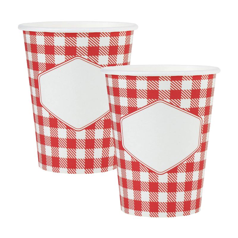 Foto van Santex boerenbont oktoberfest thema wegwerp bekertjes - 20x - 270 ml - gingham/vichy print - feestbekertjes