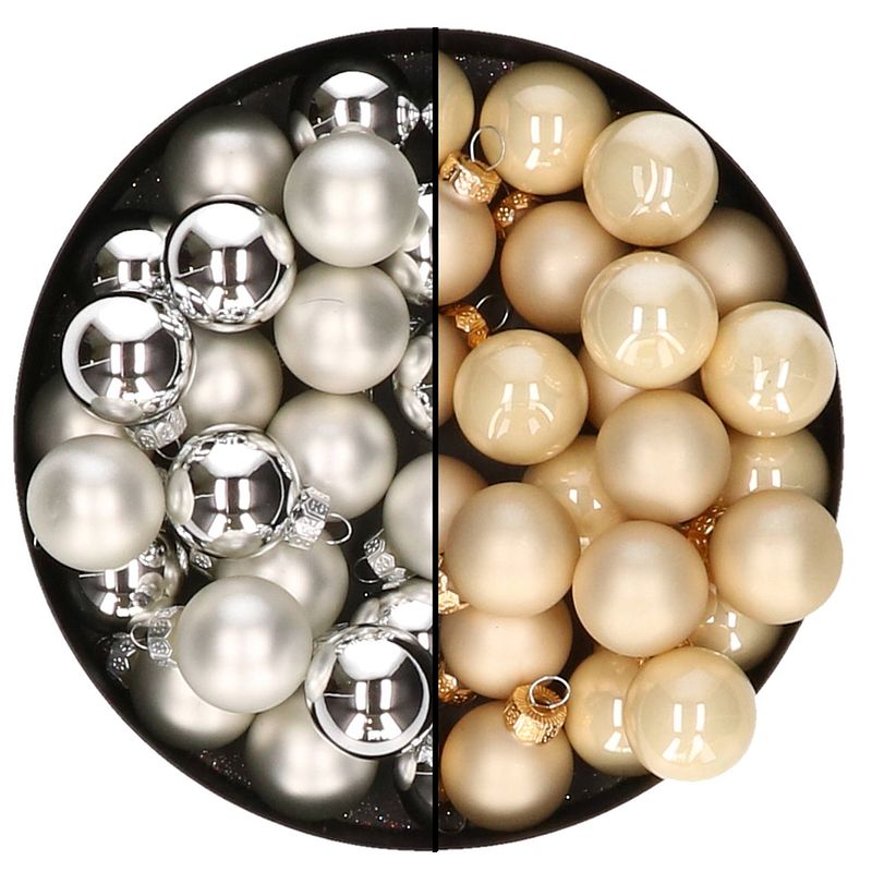 Foto van Mini kerstballen - 48x st - zilver en champagne - 2,5 cm - glas - kerstbal