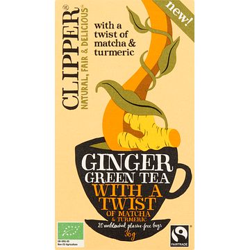 Foto van Clipper ginger green tea with a twist of matcha & turmeric 20 stuks 36g bij jumbo