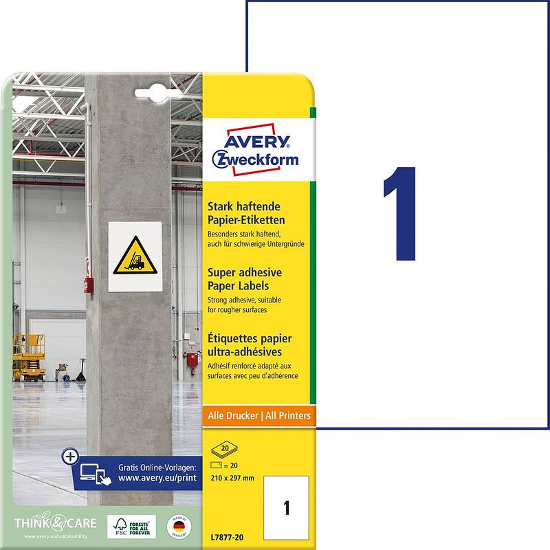 Foto van Avery-zweckform l7877-20 ( 210 x 297 mm, wit, 20 stuk(s), permanent, sterk hechtend