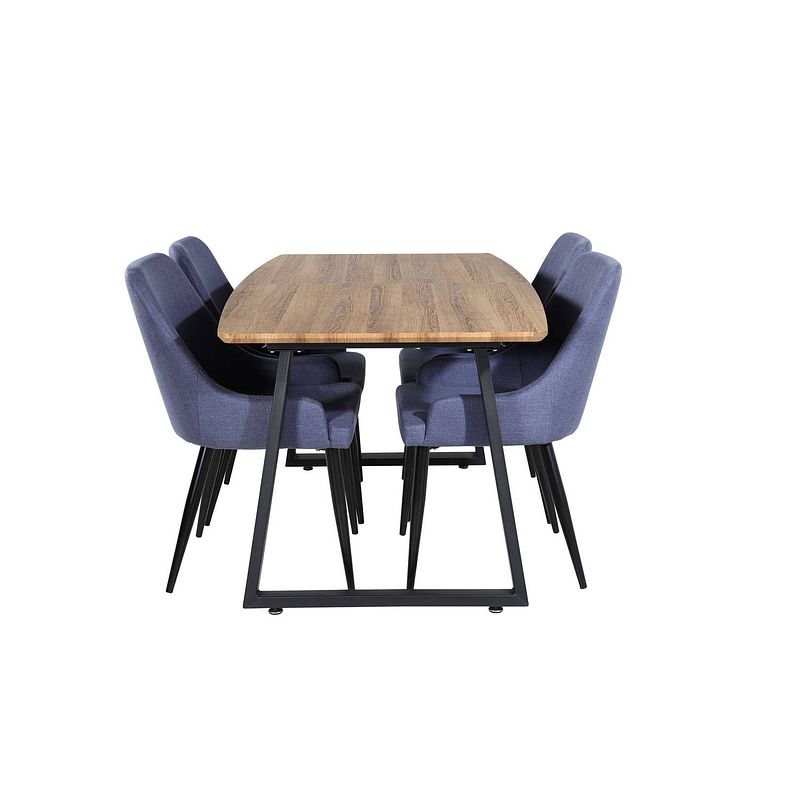 Foto van Incanabl eethoek eetkamertafel udtræksbord længde cm 160 / 200 el hout decor en 4 plaza eetkamerstal blauw, zwart.