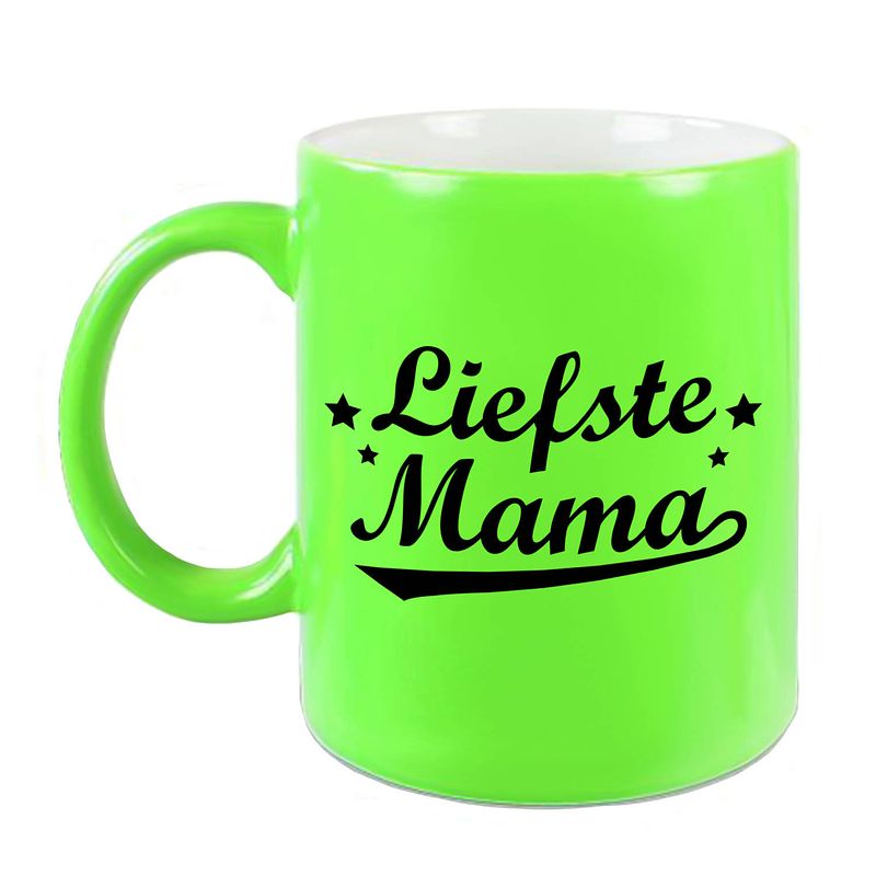 Foto van Liefste mama mok / beker neon groen voor moederdag/ verjaardag 330 ml - feest mokken