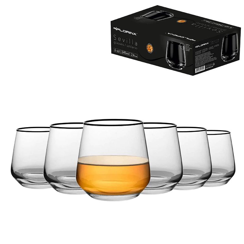 Foto van Florina sevilla set van 6 exclusieve whisky glazen met zwarte onyx rand 345ml