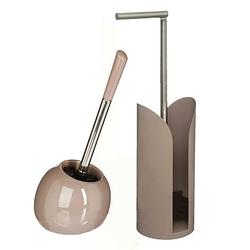 Foto van Wc-/toiletborstel met toiletrolhouder set taupe - toiletborstels