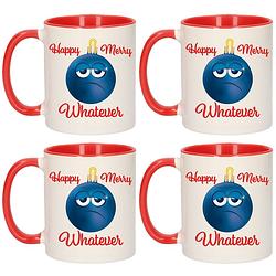 Foto van Set van 4x stuks happy merry whatever kerstcadeau kerstmokken rood smiley kerstbal 300 ml - bekers