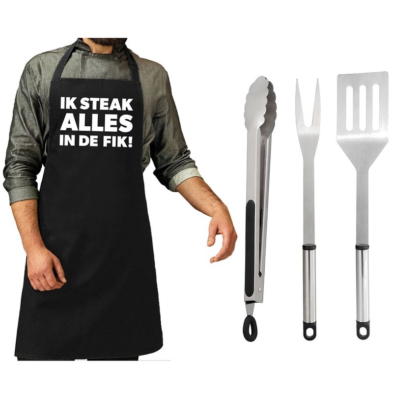 Foto van Bbq/barbecue gereedschap set 3-delig rvs met zwart schort ik steak alles in de fik! - barbecuegereedschapset