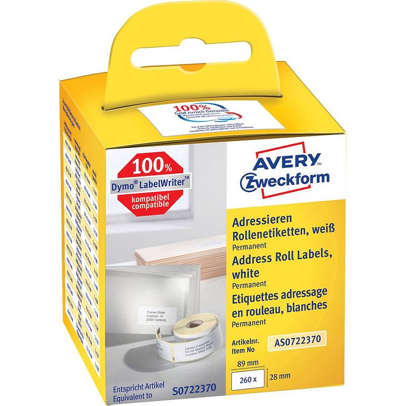 Foto van Avery-zweckform rol met etiketten 82 x 28 mm papier wit 260 stuk(s) permanent as0722370 adresetiketten