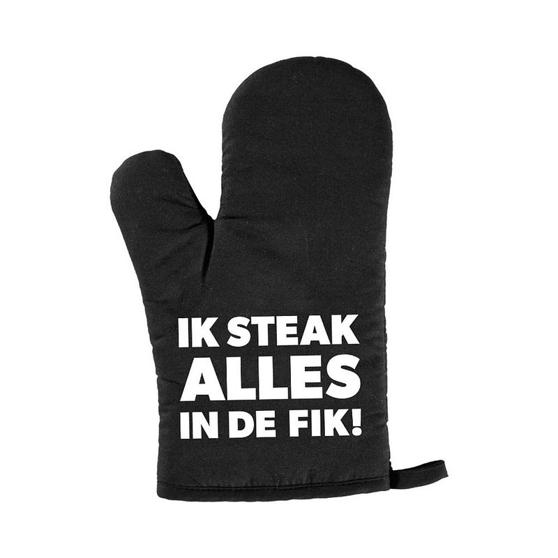 Foto van Ik steak alles in de fik bbq handschoen/ barbecue want zwart heren - vaderdag cadeau - ovenwanten