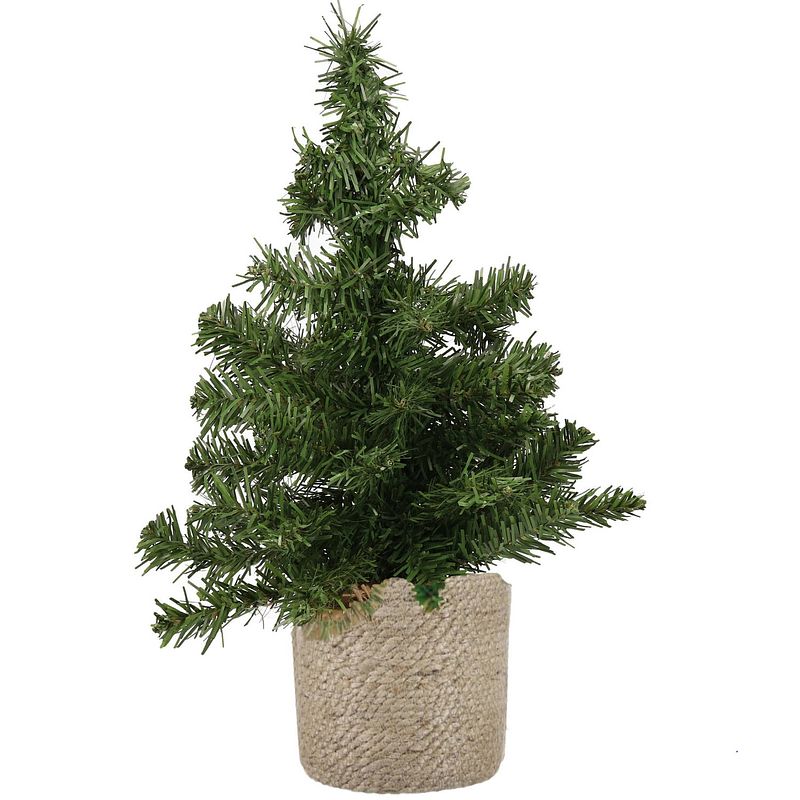 Foto van Mini kunstboom/kunst kerstboom groen 45 cm met naturel jute pot - kunstkerstboom