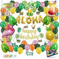 Foto van Fissaly® 78 stuks hawaii flamingo, ananas & palmbladeren feest decoratie - aloha & tropisch - slingers & ballonnen