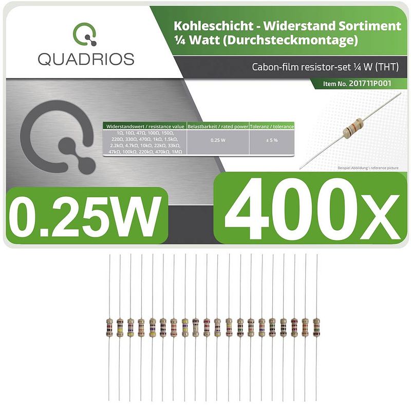 Foto van Quadrios 201711p001 koolfilmweerstand assortiment axiaal bedraad 0.25 w 5 % 400 stuk(s)