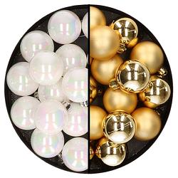 Foto van 32x stuks kunststof kerstballen mix van parelmoer wit en goud 4 cm - kerstbal
