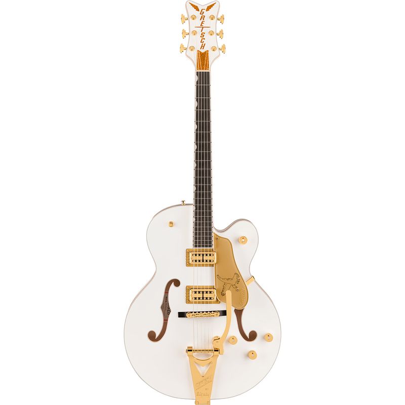 Foto van Gretsch professional collection falcon hollow body eb white met gretsch g6242l deluxe hardshell case