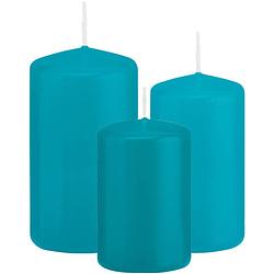 Foto van Stompkaarsen set van 3x stuks turquoise blauw 8-10-12 cm - stompkaarsen