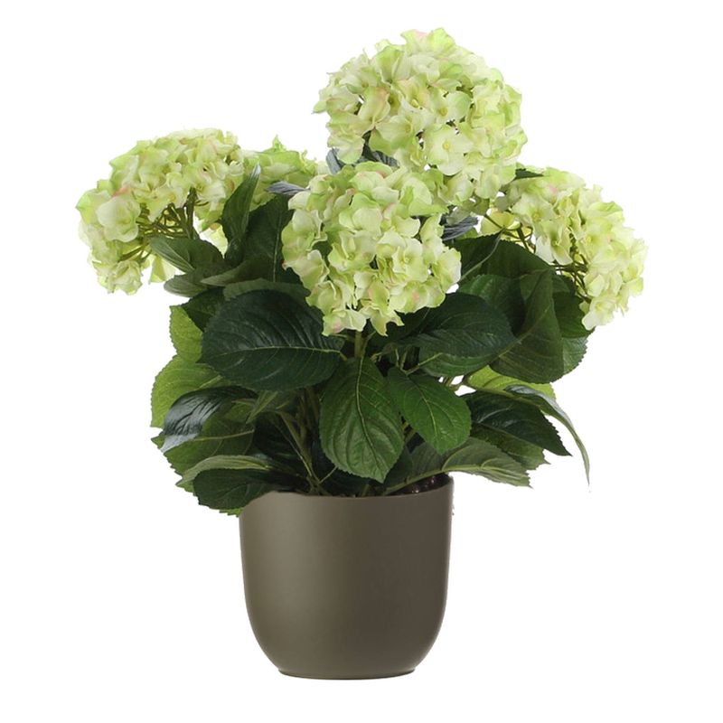 Foto van Hortensia kunstplant/kunstbloemen 45 cm - groen - in pot olijfgroen mat - kunstplanten