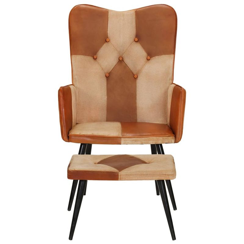 Foto van The living store gestoffeerde armstoel bruin - fauteuil en voetenbank - 55x43x97cm - echt leer