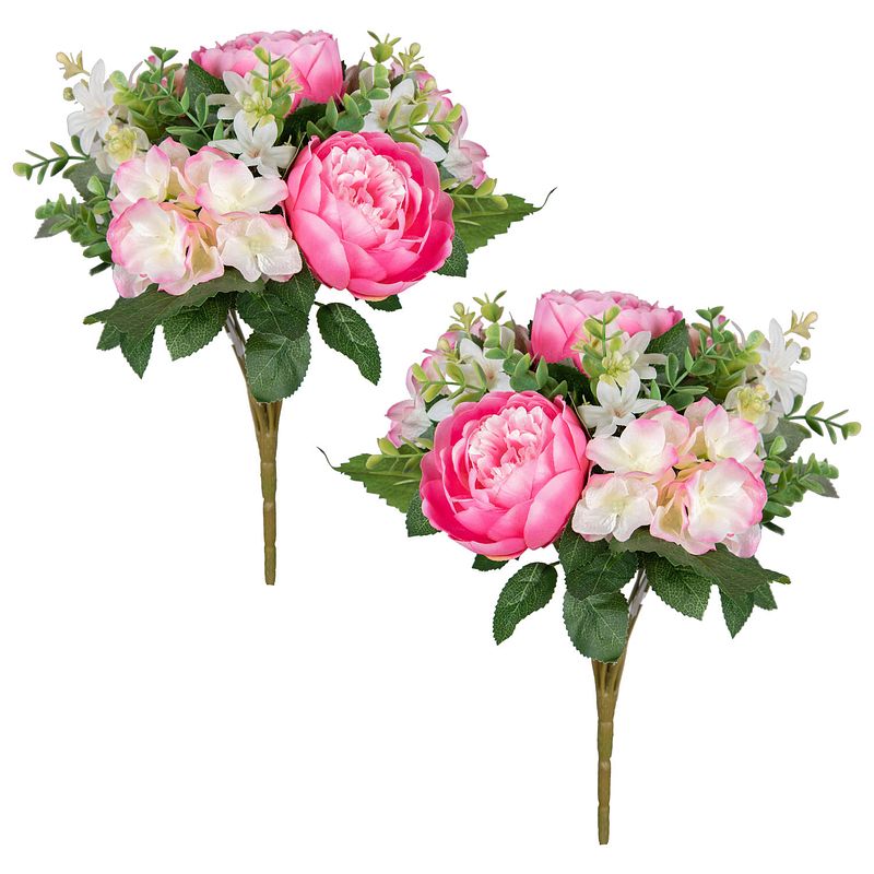 Foto van Louis maes kunstbloemen boeket roos/hortensia - 2x - roze/cerise - h39 cm - bloemstuk - bladgroen - kunstbloemen