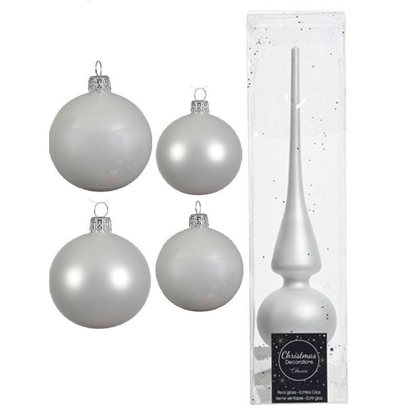 Foto van Glazen kerstballen pakket winter wit glans/mat 38x stuks 4 en 6 cm met piek mat - kerstbal