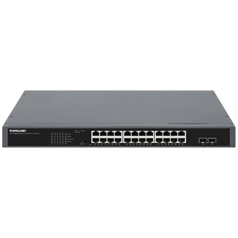 Foto van Intellinet 24-port gigabit poe+ switch mit 2 sfp ports 370 w powered device monitor 19 19 netwerk switch 10 / 100 / 1000 mbit/s ieee 802.3af (15.4 w), ieee