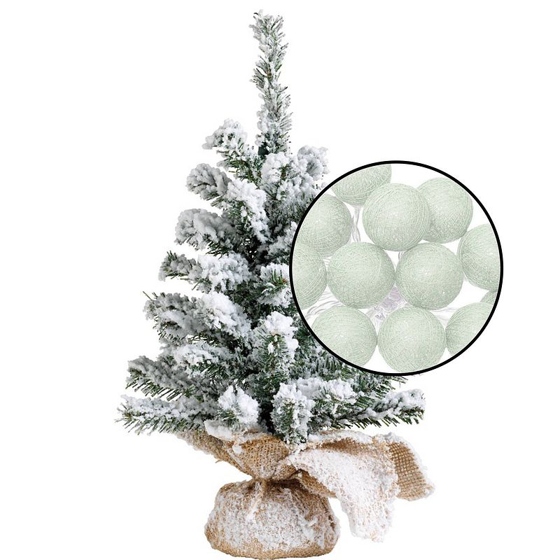 Foto van Mini kerstboom - besneeuwd -h45 cm - met lichtsnoer lichtgroen - kunstkerstboom