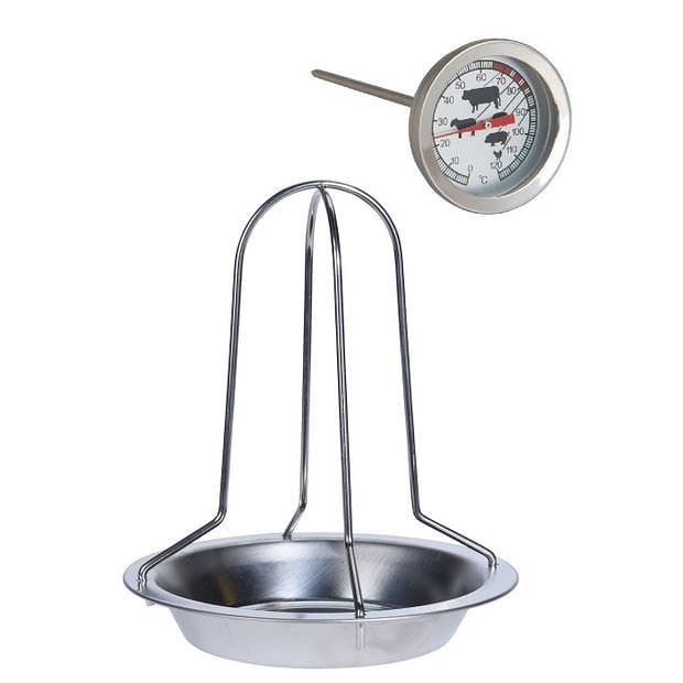 Foto van Rvs kiprooster/kiphouder/kippenrooster voor de barbecue/bbq/oven 20 cm met vleesthermometer - barbecueroosters