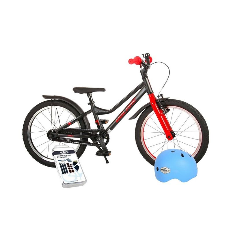 Foto van Volare kinderfiets blaster - 18 inch - zwart/rood - inclusief fietshelm & accessoires