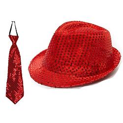 Foto van Carnaval verkleed set glitter hoed en stropdas rood - verkleedhoofddeksels