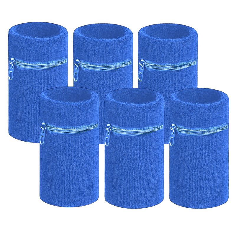 Foto van Arowell premium pols zweetbandje met portemonnee en rits - 12 x 8 cm - kobaltblauw - 6 stuks
