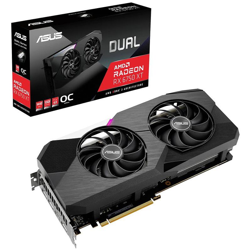 Foto van Asus videokaart amd radeon rx 6750 xt dual overclocked 12 gb gddr6-ram pcie hdmi, displayport