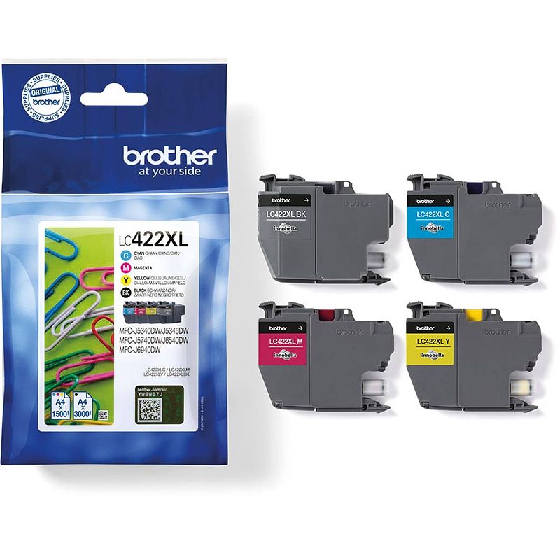 Foto van Brother inktcartridge, 1.500 - 3.000 pagina'ss, oem lc-422xlval, 4 kleuren 4 stuks