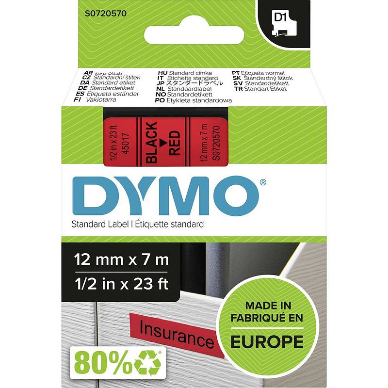 Foto van Dymo d1 tape 12 mm, zwart op rood