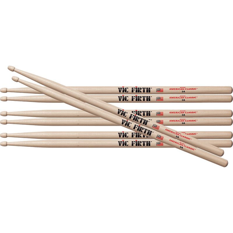 Foto van Vic firth p5a.3-p5a.1 american classic 5a drumstokken met houten tip (4 paar)