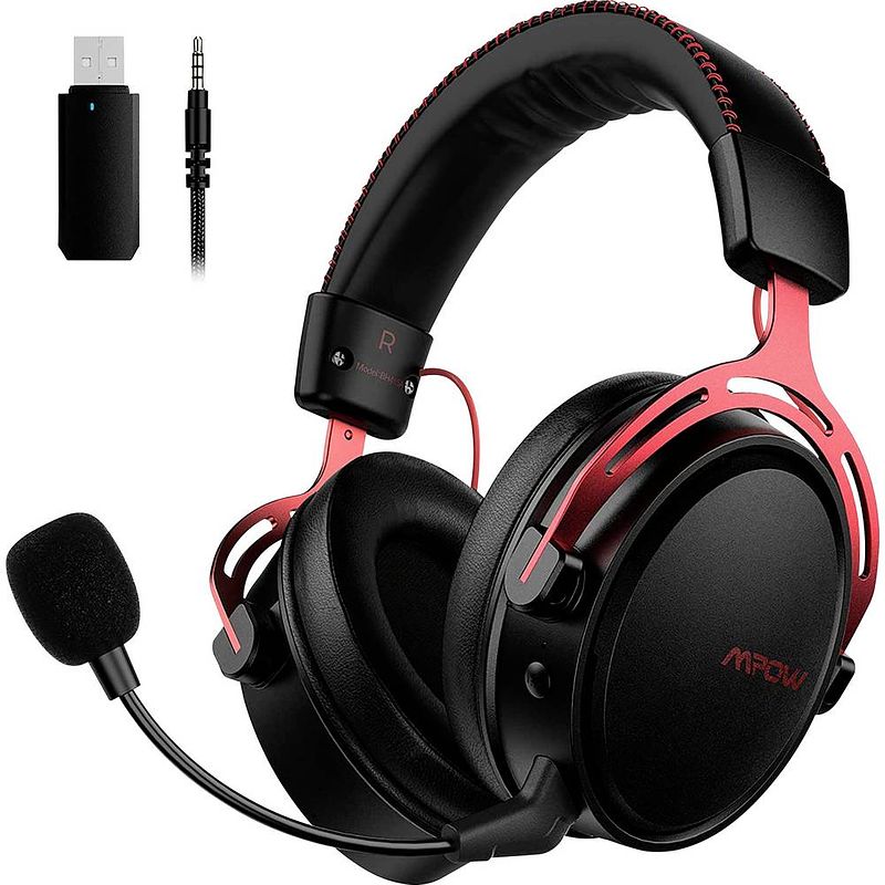 Foto van Mipow mpow over ear headset gamen radiografisch, kabel stereo zwart, rood ruisonderdrukking (microfoon) microfoon uitschakelbaar (mute), volumeregeling