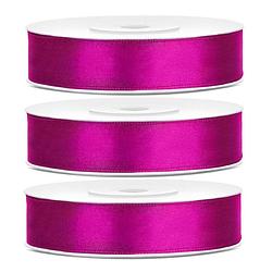 Foto van 3x hobby/decoratie fuchsia roze satijnen sierlinten 1,2 cm/12 mm x 25 meter - cadeaulinten