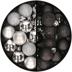 Foto van 34x stuks kunststof kerstballen zilver en zwart 3 cm - kerstbal