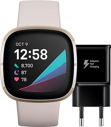 Foto van Fitbit sense wit/goud + samsung adaptive fast charging oplader 15w zwart