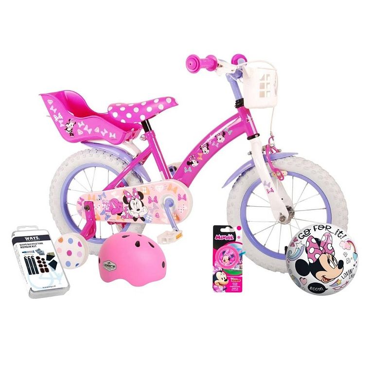 Foto van Volare kinderfiets minnie mouse - 14 inch - roze - inclusief fietshelm & accessoires