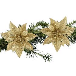 Foto van 2x stuks kerstboom bloemen kerstster goud glitter op clip 15 cm - kunstbloemen