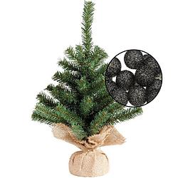 Foto van Mini kunst kerstboom groen met verlichting - in jute zak - h45 cm - zwart - kunstkerstboom