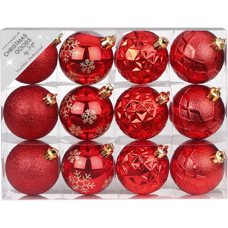 Foto van Set van 12x luxe rode kerstballen 6 cm kunststof mat/glans - kerstbal