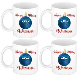 Foto van Set van 4x stuks happy merry whatever kerstcadeau kerstmokken grumpy blauwe kerstbal 300 ml - bekers