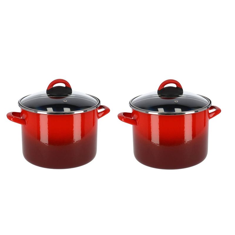 Foto van Set van 2x stuks rvs rode kookpan/pan met glazen deksel 18 cm 5 liter - kookpannen