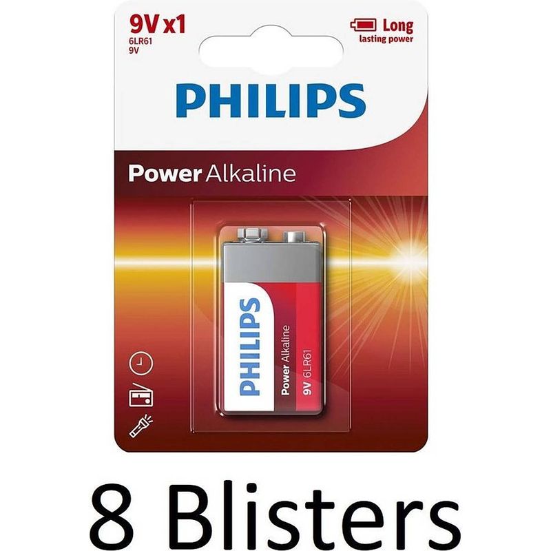 Foto van 8 stuks (8 blisters a 1 st) philips power alkaline batterij 9v