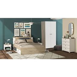 Foto van Volledige volwassen slaapkamer life: bed + ladekast + kledingkast - eiken en wit decor - made in france - demeyere